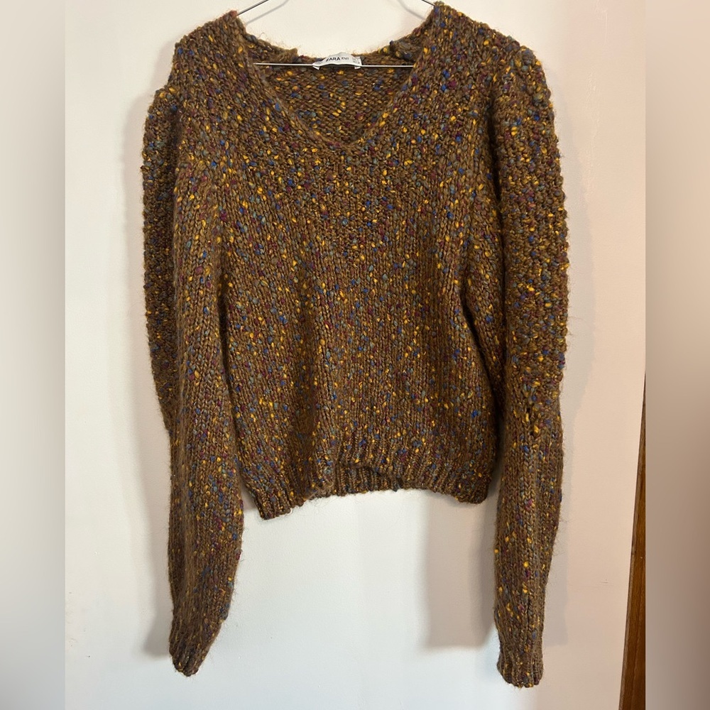 Zara Brown Multicolor V-Neck Sweater With Puff Sleeves